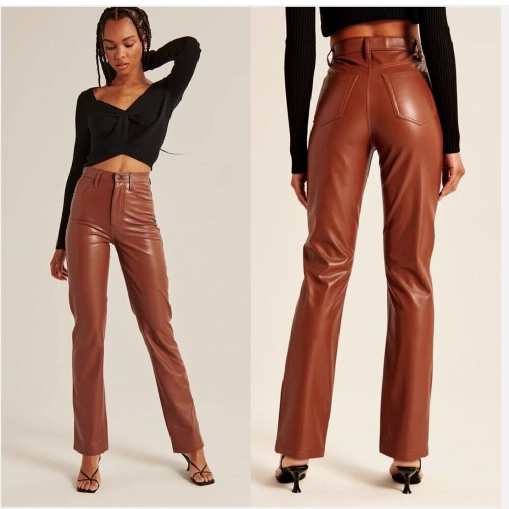 Abercrombie & Fitch The 90s Straight Ultra High Rise Faux Leather Pants Brown 14